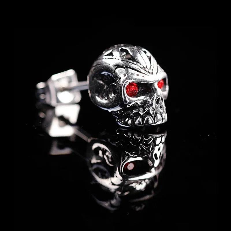 Personalised skull stud earrings with ghost head design and red eye detail
