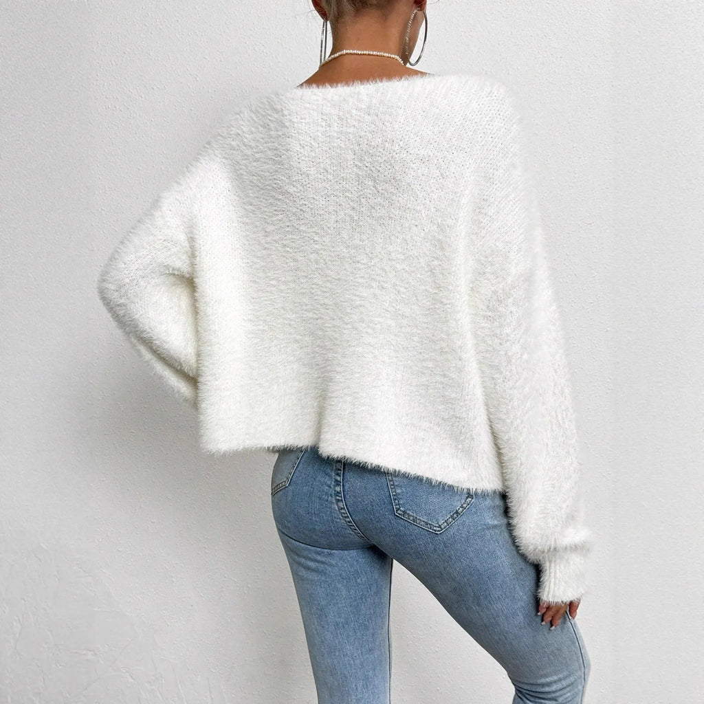 Women's white V-neck cardigan with medium thickness polyester knit fabric