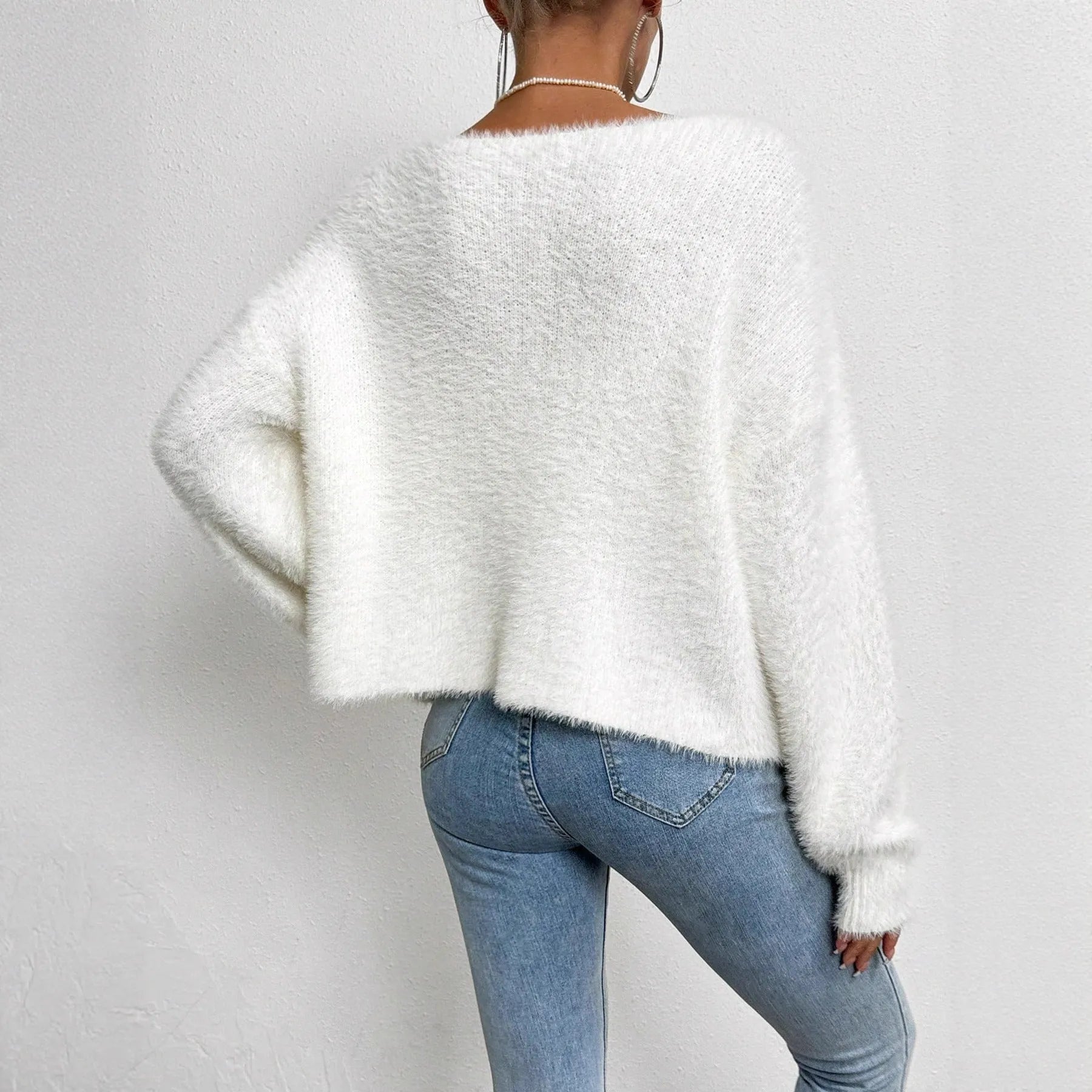 Women's white V-neck cardigan with medium thickness polyester knit fabric