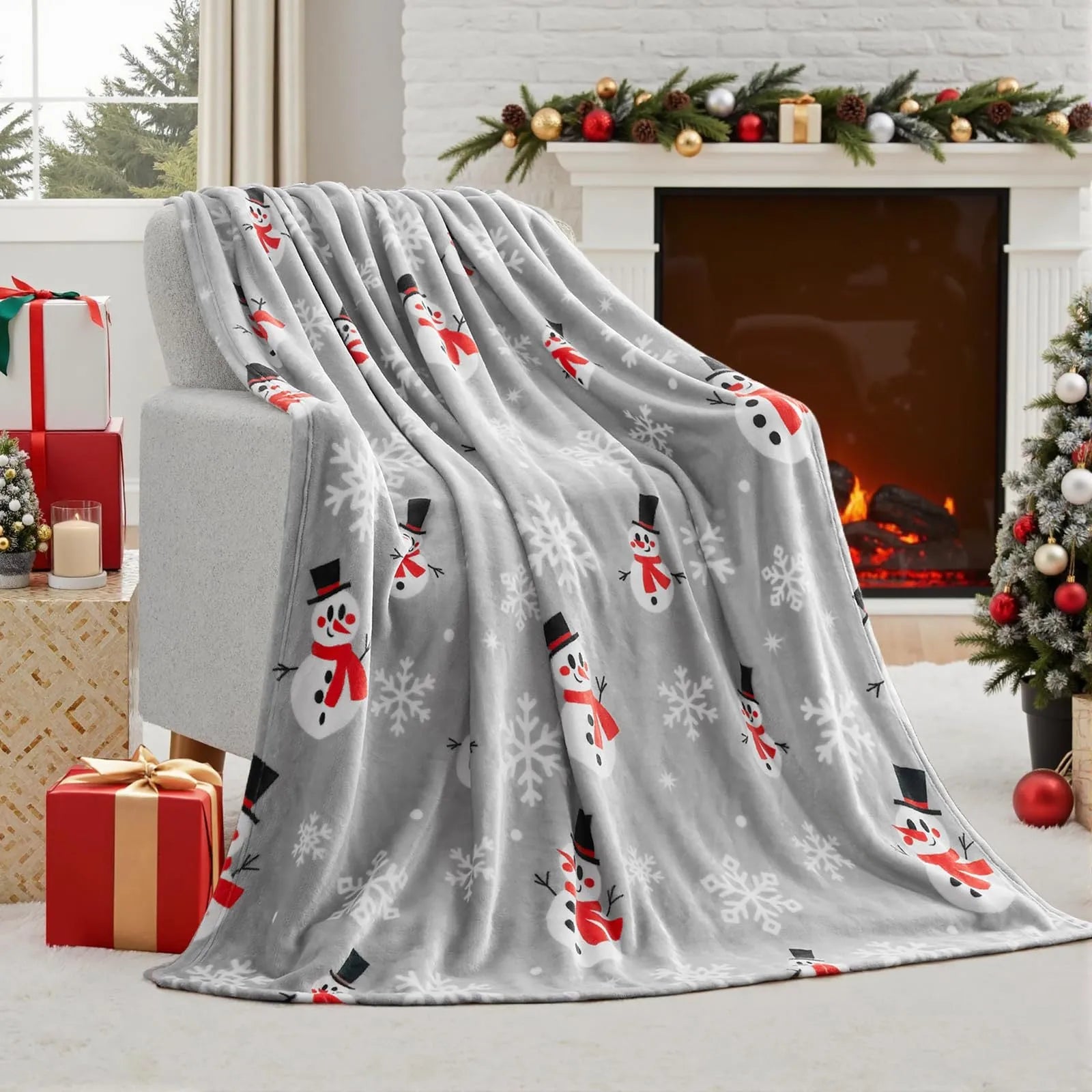 Soft red American style flannel Christmas blanket draped over a sofa