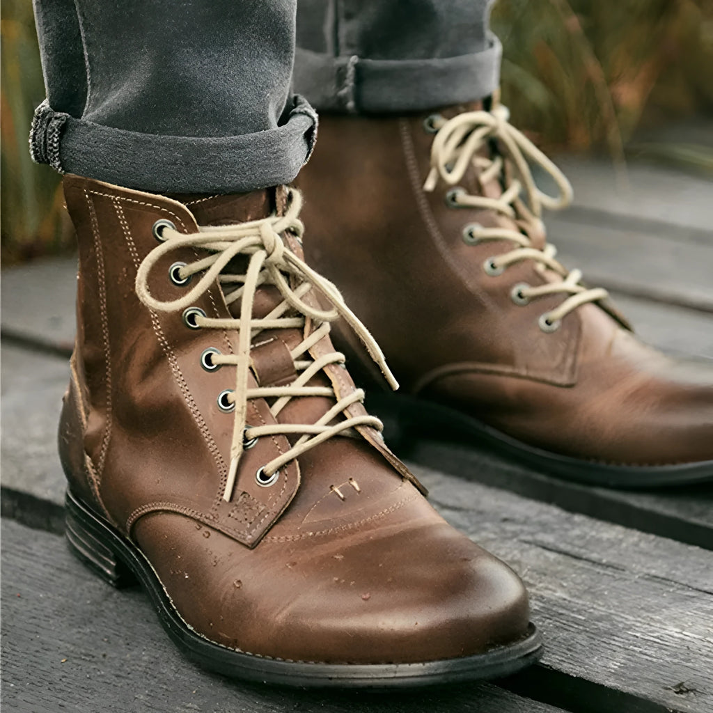 Men's black leather ankle boots with side zipper and beef tendon sole