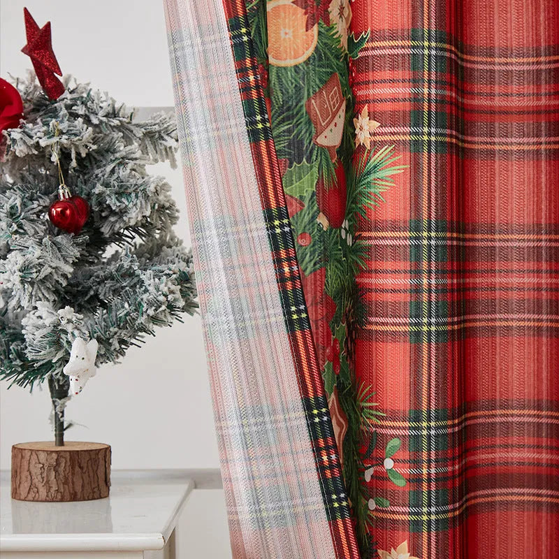 American-style rectangular polyester curtain with printed red Christmas plaid design, semi-sunshade function.