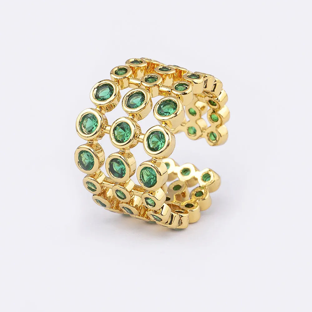 Copper ring with 18K gold plating and green zircon stones in three-layer exaggerated wide design