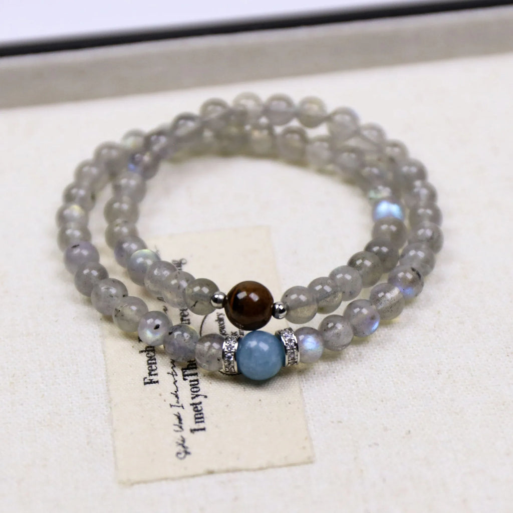 Double-layer women's bracelet with moonstone tigereye aquamarine beads and gray moonlight alloy frame