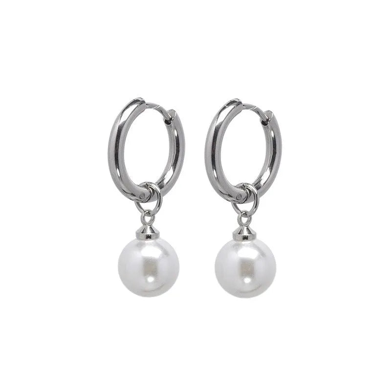 Pearl-colour geometric round alloy earrings with titanium steel posts for women