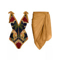 Women's solid colour one-piece swimsuit with spaghetti straps and a matching skirt