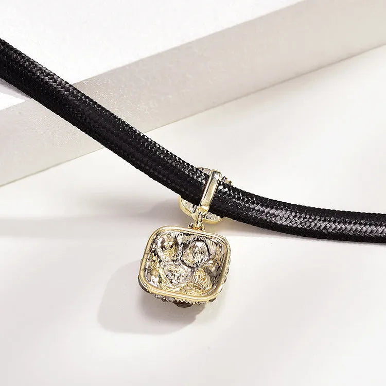Alloy black square short necklace with rhimestone and gray diamond pattern for women on adjustable chain