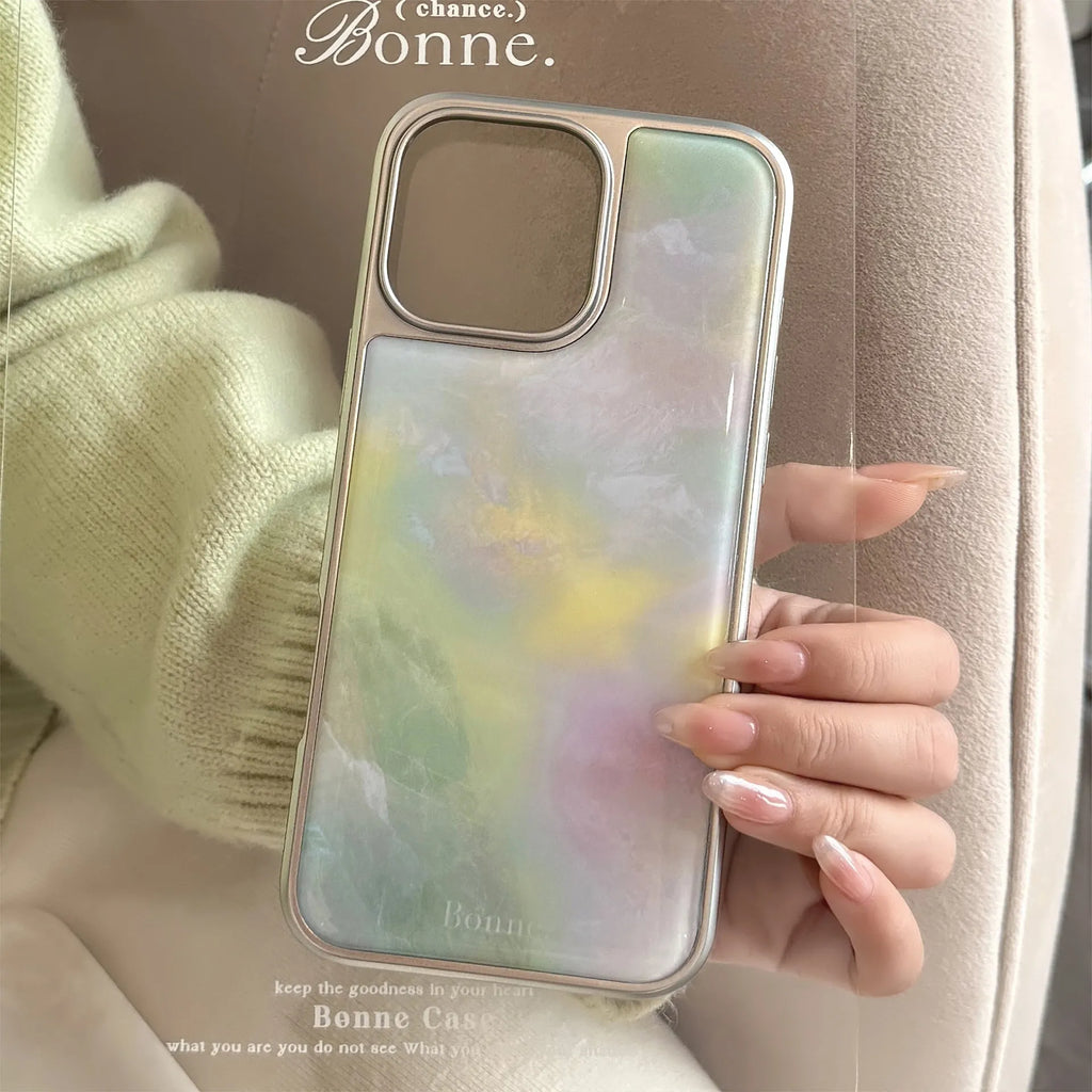 Hard PC phone case with marbling epoxy green pink marble pattern and silver edge for iPhone drop protection