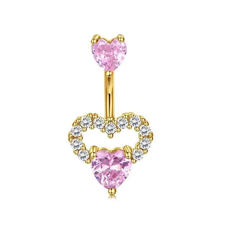Copper navel stud with heart-shaped zirconium charm in white gold powder finish for women