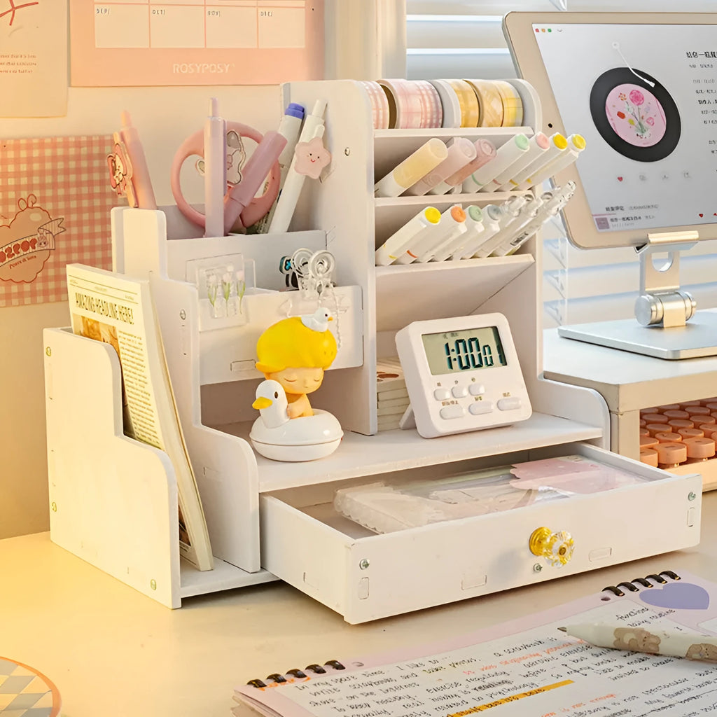 Square plastic pen holder storage box with multiple grid compartment options for organising writing instruments