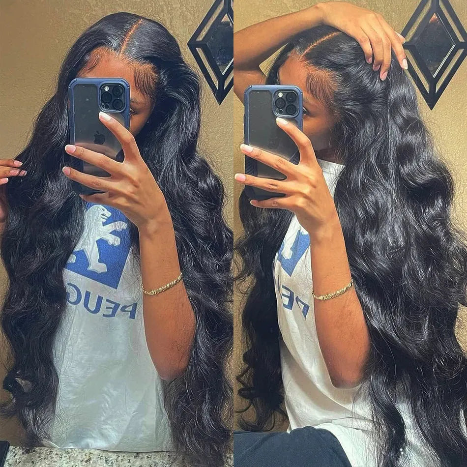 Black synthetic front lace wig with long curly hair and side-swept bangs.