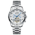 Men's silver automatic perpetual calendar mechanical watch with stainless steel strap and sapphire crystal glass