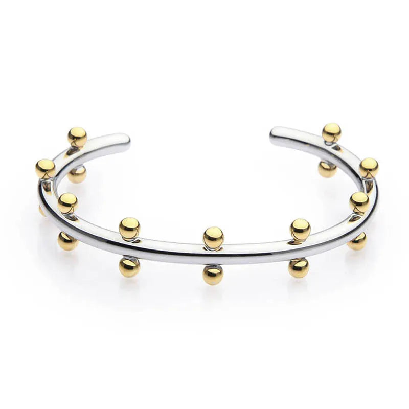 Stainless steel C-shaped texture beads with rivet design in gold, steel, and steel gold finishes
