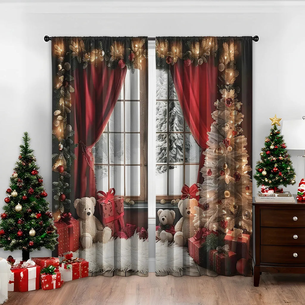 Pair of red and green 3D digitally printed Christmas curtains with festive patterns hanging on a window.