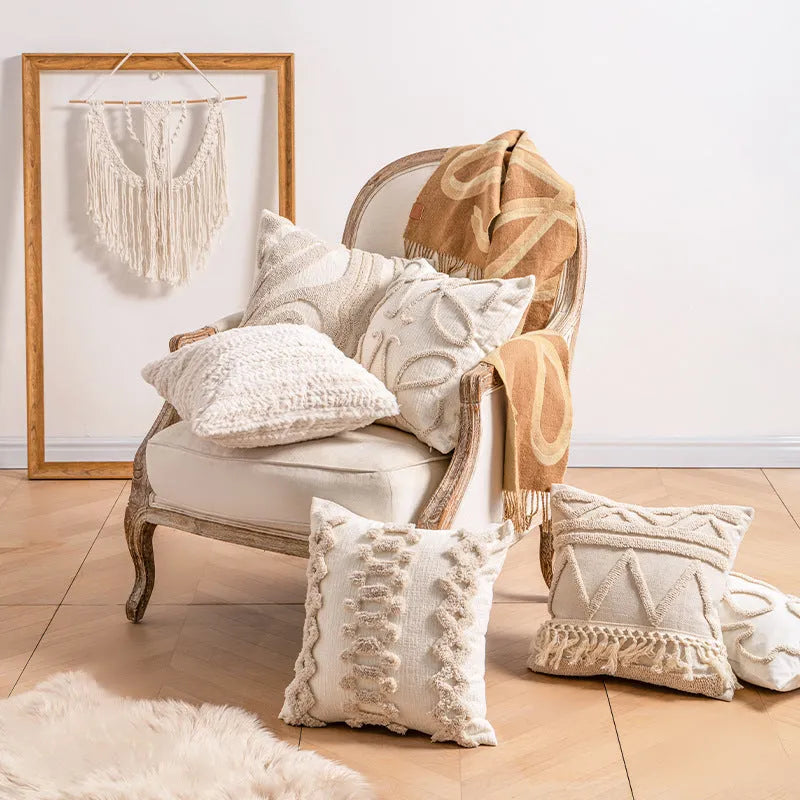 Knitted tassel decorative pillow cover showing striped pattern with multiple design options