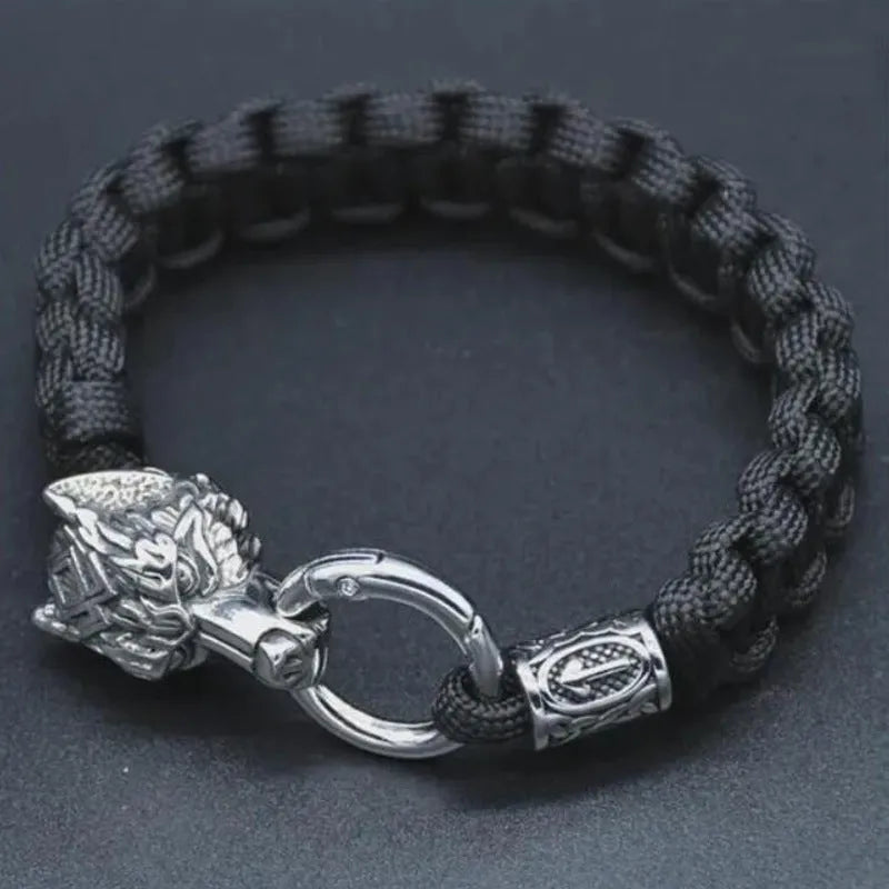 Handmade titanium steel wolf head bracelet in camouflage colour showing polished finish and retro design