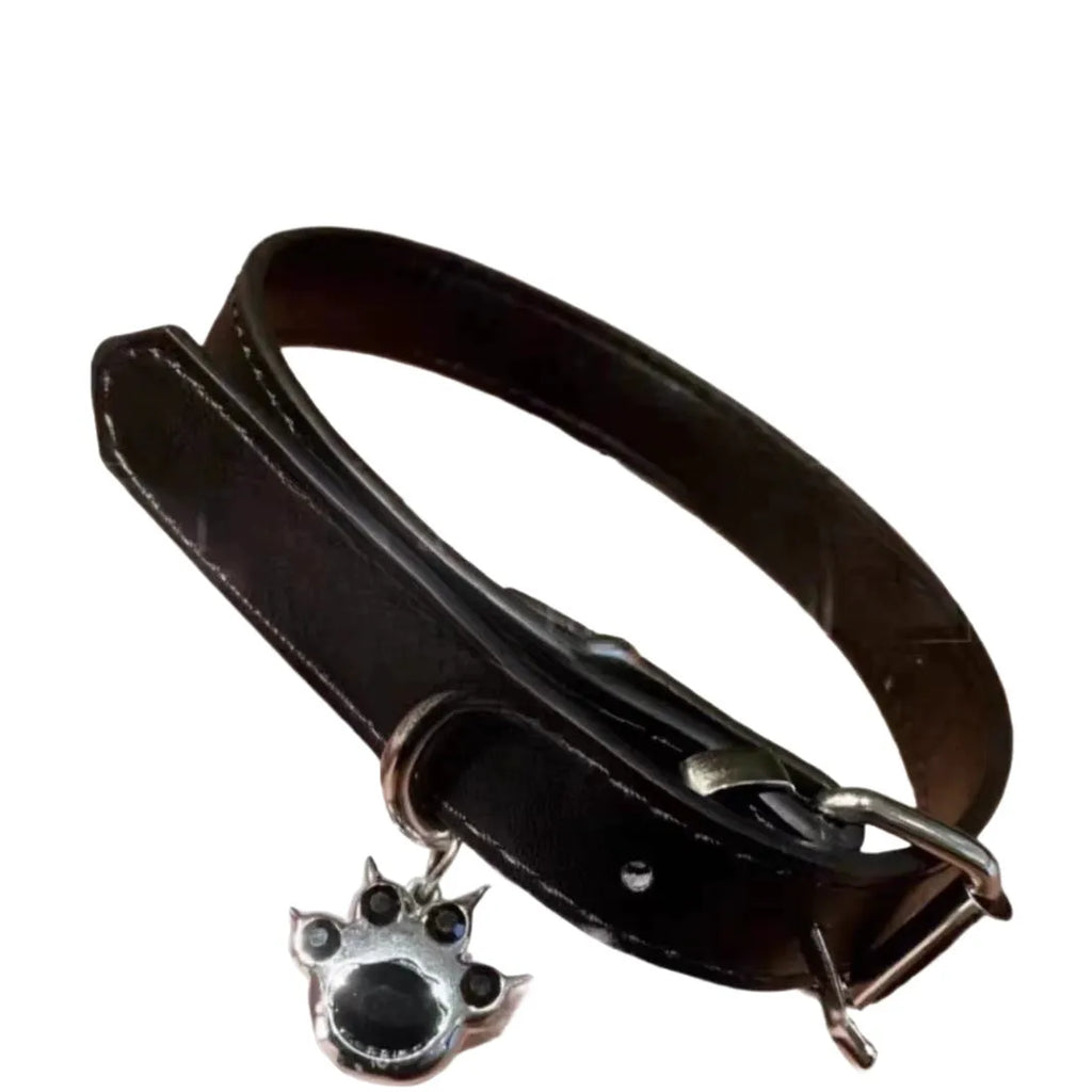 Black adjustable dog collar showing cat paw, bone and LD leather style options with measuring tape showing 21-50cm range