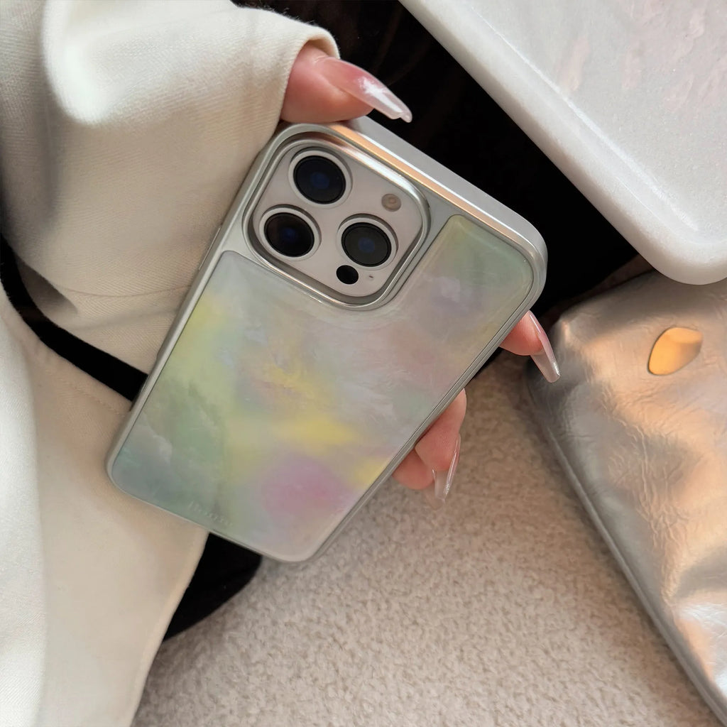 Hard PC phone case with marbling epoxy green pink marble pattern and silver edge for iPhone drop protection