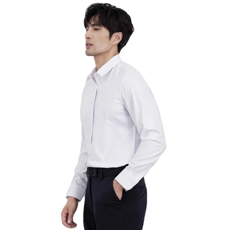 Men's wine red slim fit business casual shirt with non-iron polyester fabric on hanger
