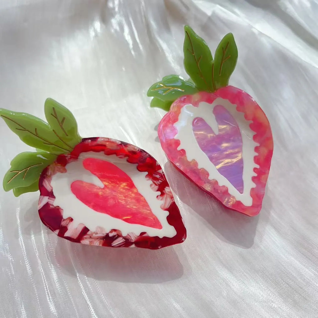 Handmade strawberry charm hairpin in pastoral style, shown in red and pink colour options.