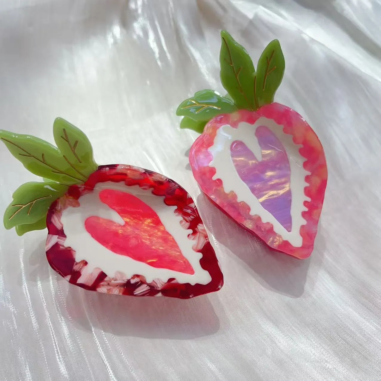 Handmade strawberry charm hairpin in pastoral style, shown in red and pink colour options.