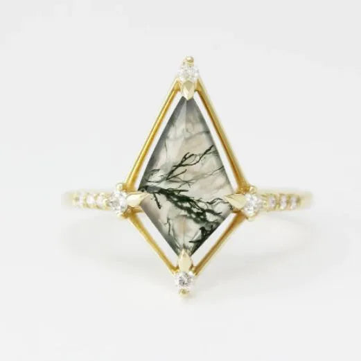 French Entry Lux vintage water plants agate ring quadrilateral silver and gold plating women ring Meidu size