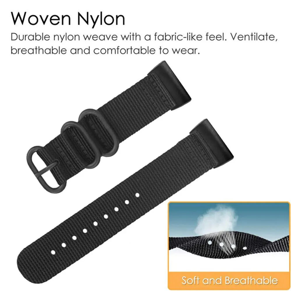 Army Green nylon replacement strap with a three-ring metal buckle for a Fitbit Charge 3 or Charge 4 fitness tracker.