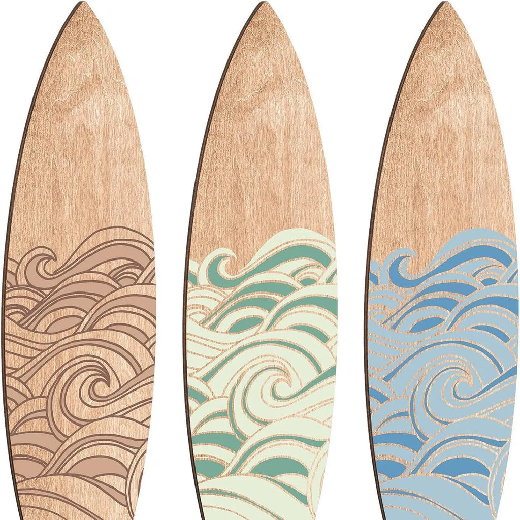 Three wooden surfboard wall decorations in natural boxwood finish, each measuring 8.5cm by 30cm