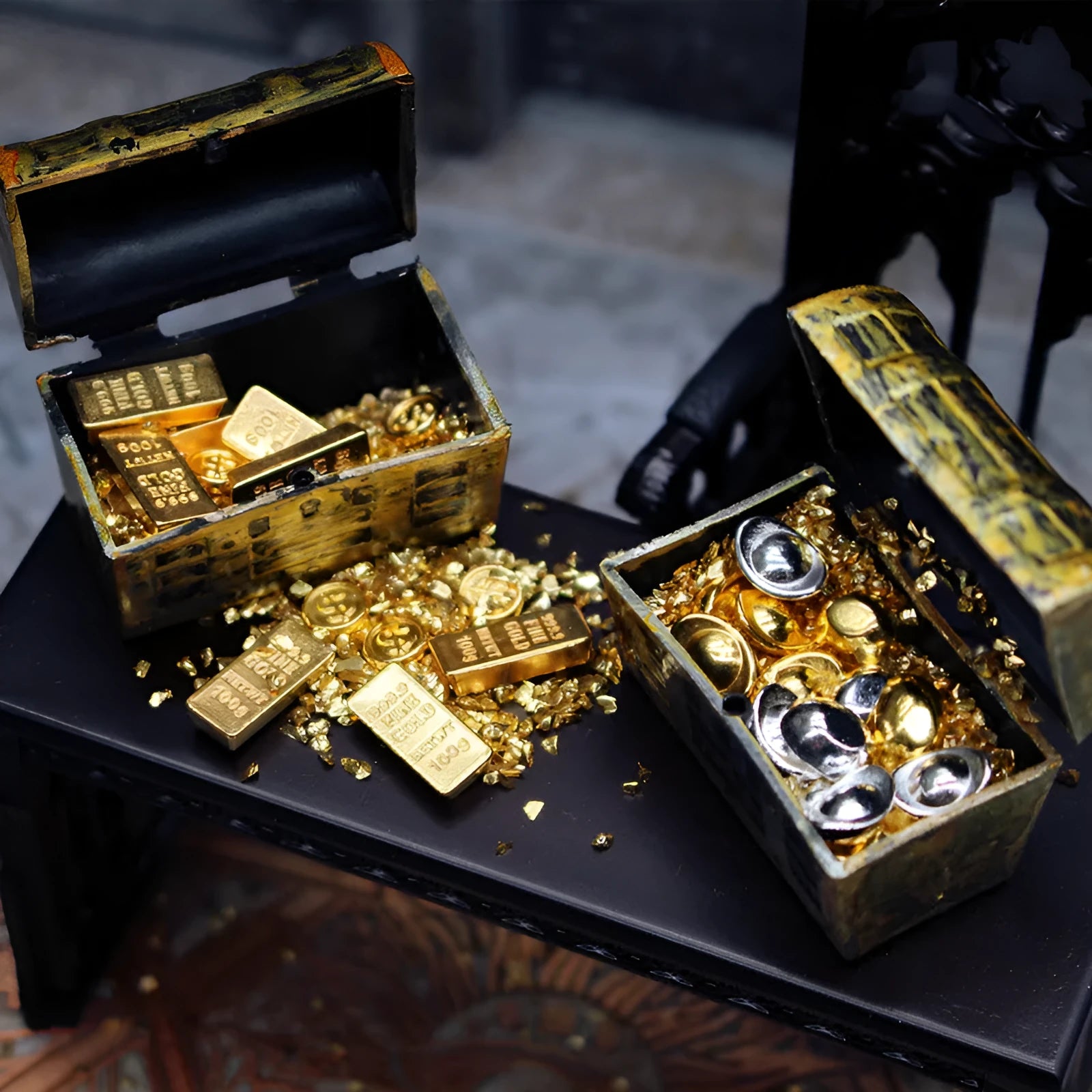 Alloy gold coin and gold bar treasure box miniature dollhouse accessory ornament