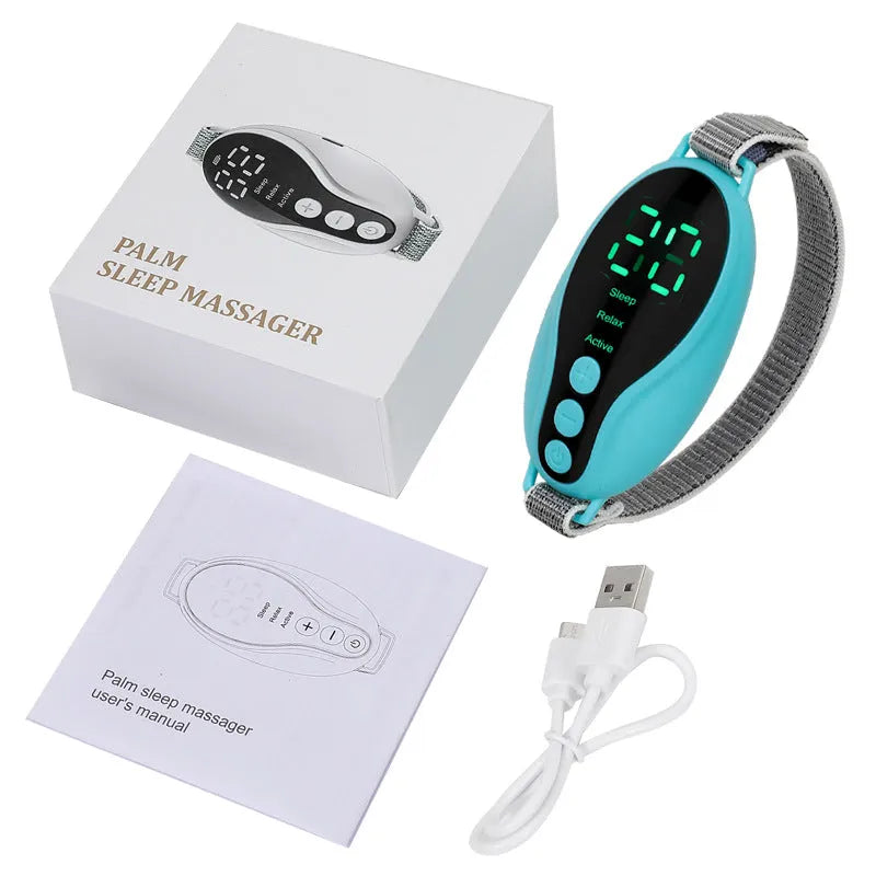 White and blue intelligent sleeping aid instrument showing compact 80x40x20mm dimensions with USB charging port