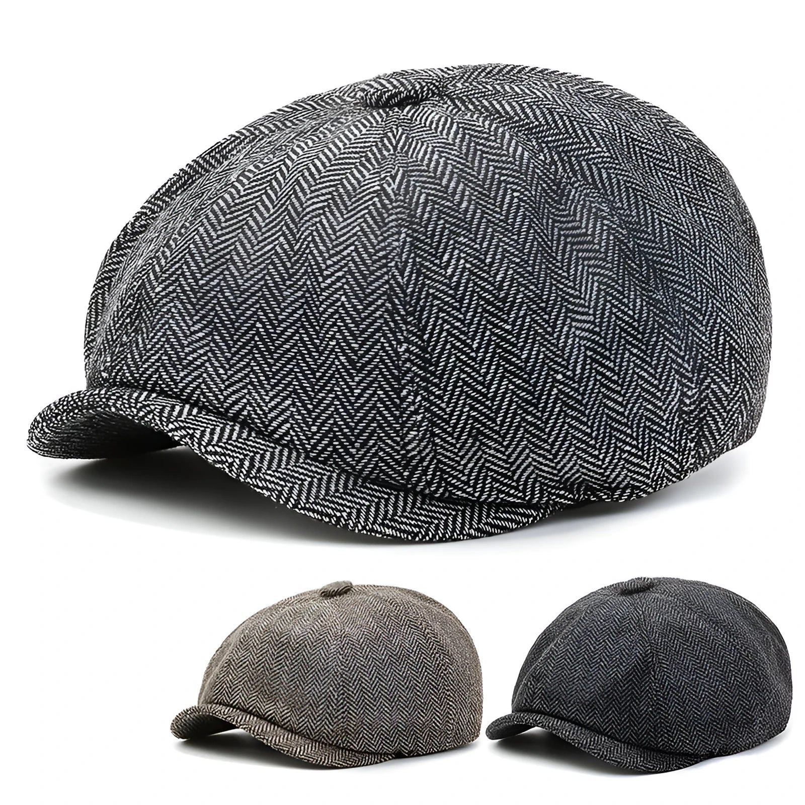 Polyester herringbone peaked cap with dome crown and hand embroidery, elastic 58-59cm unisex sunshade hat in black