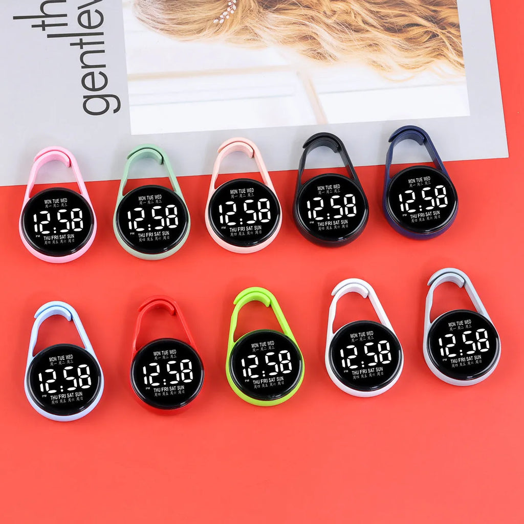 LED luminous digital watch with plastic strap in selected colour, showing number display on plastic mirror.