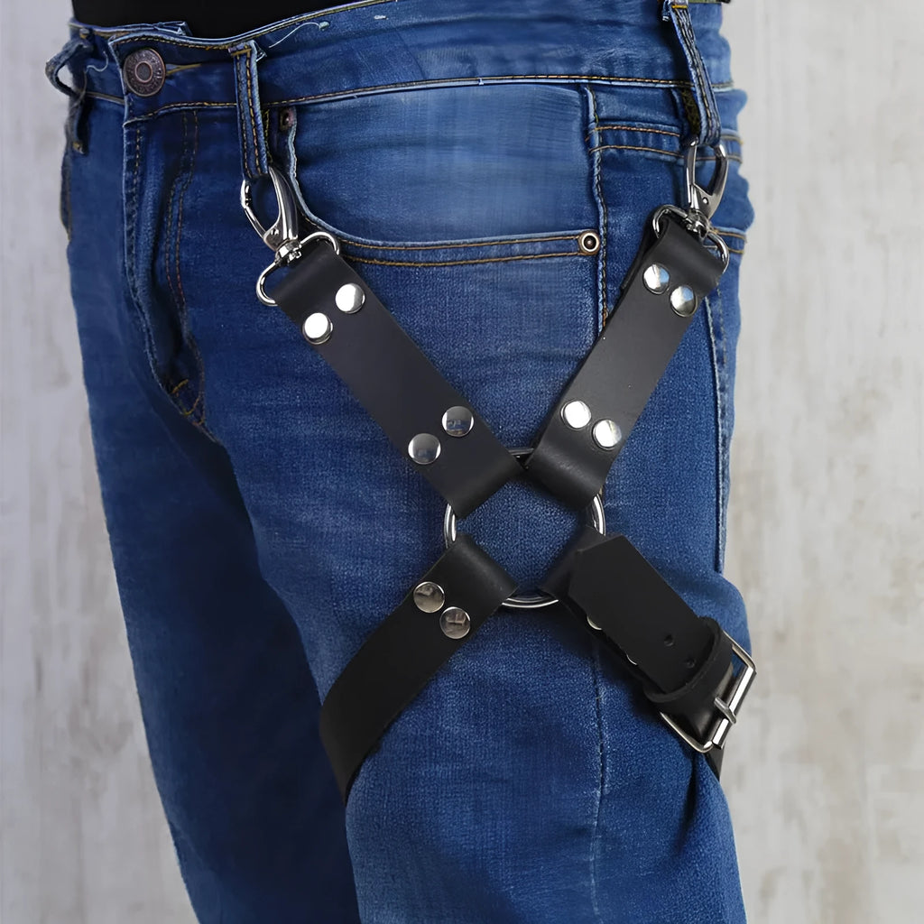 Black women's leggings with PU leather ankle accessories and leather detailing