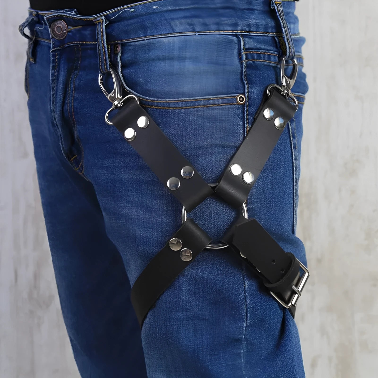 Black women's leggings with PU leather ankle accessories and leather detailing