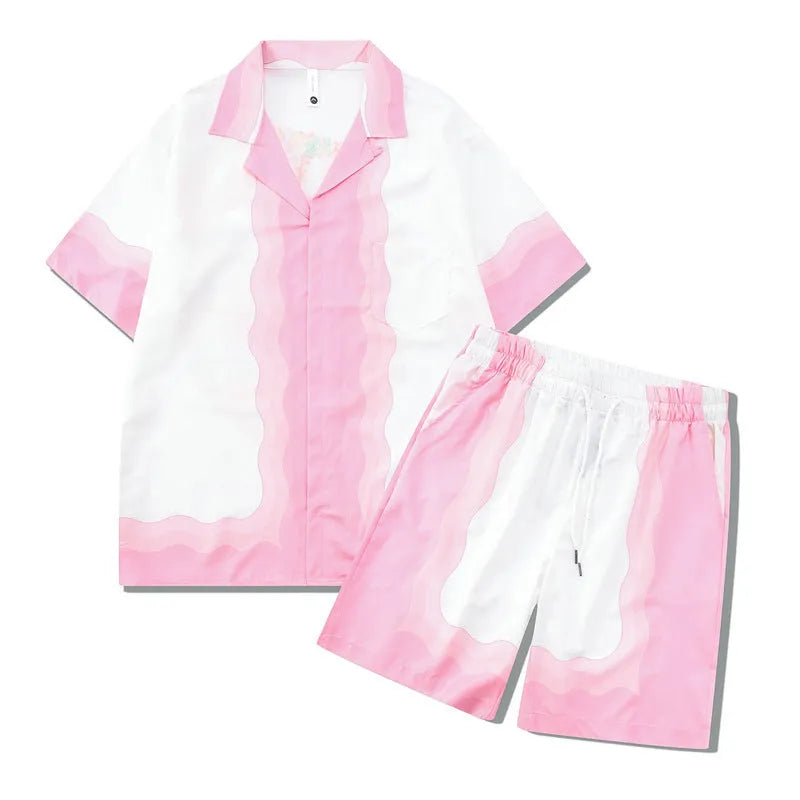 Men's beach outfit set with plaid print short sleeve shirt and matching pants