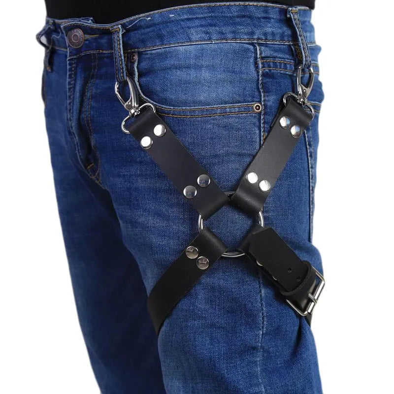Black women's leggings with PU leather ankle accessories and leather detailing