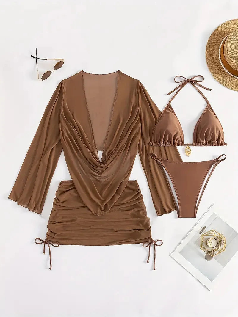Dark brown women's lace-up bikini swimsuit with backless design on a mannequin.