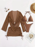 Dark brown women's lace-up bikini swimsuit with backless design on a mannequin.