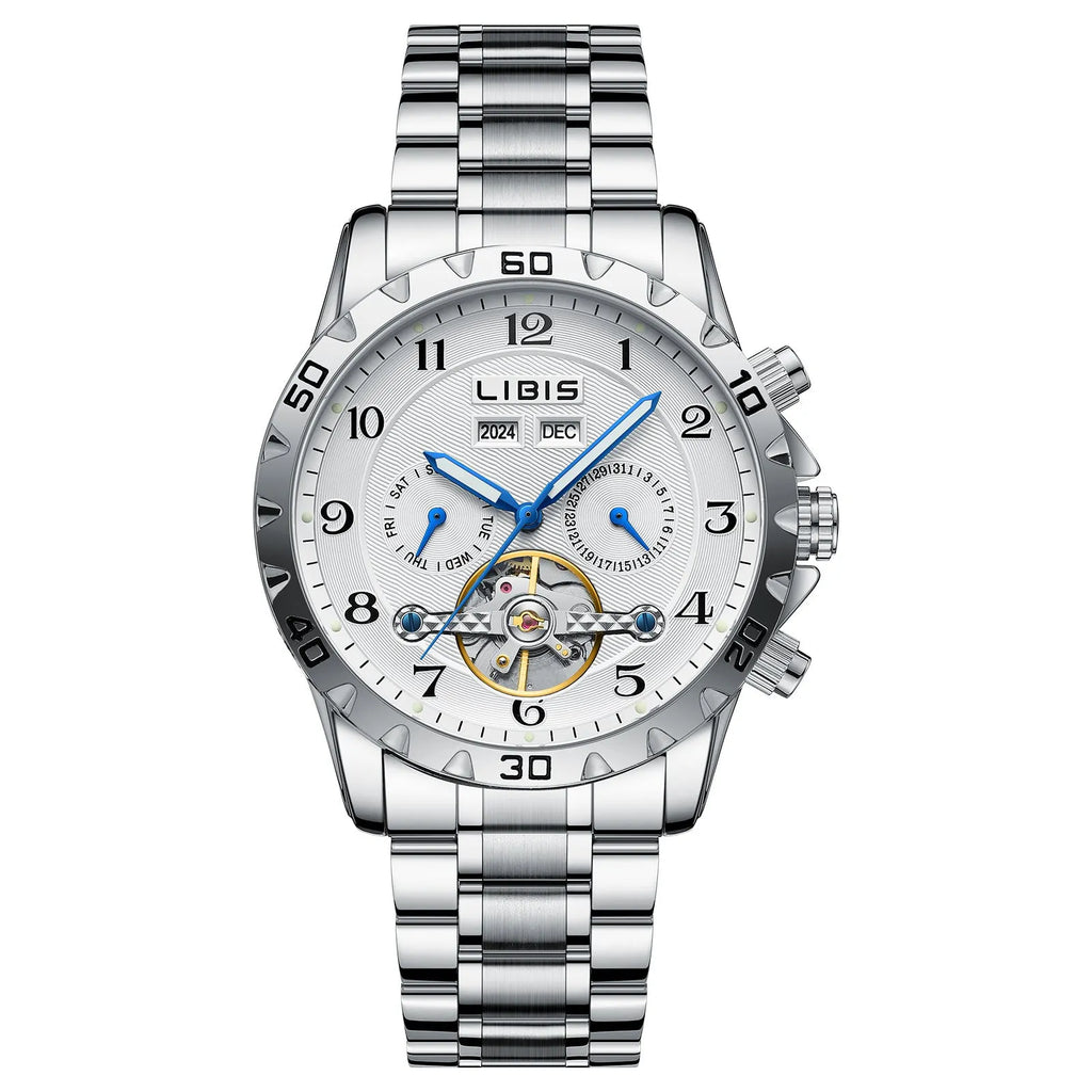Men's silver automatic perpetual calendar mechanical watch with stainless steel strap and sapphire crystal glass