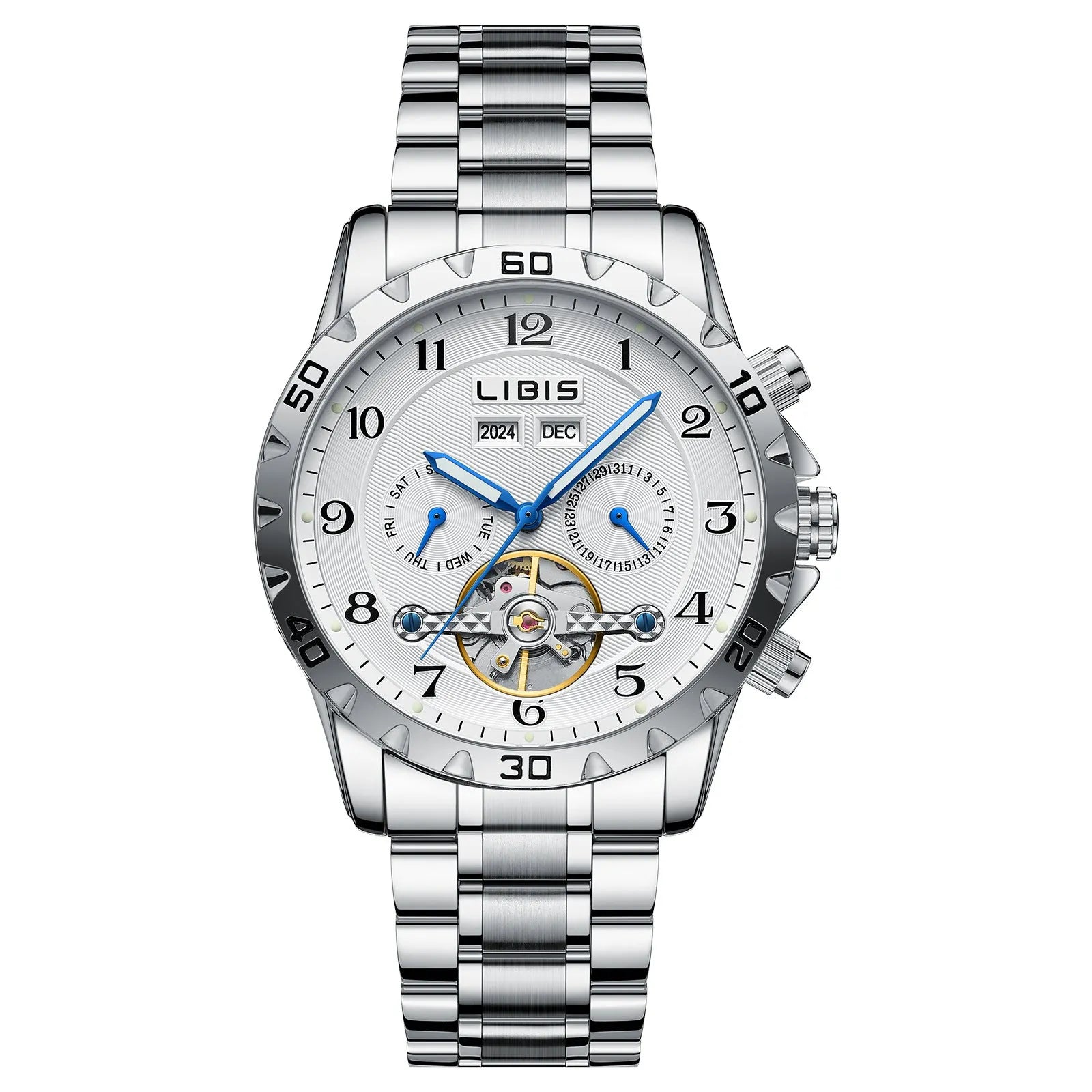 Men's silver automatic perpetual calendar mechanical watch with stainless steel strap and sapphire crystal glass