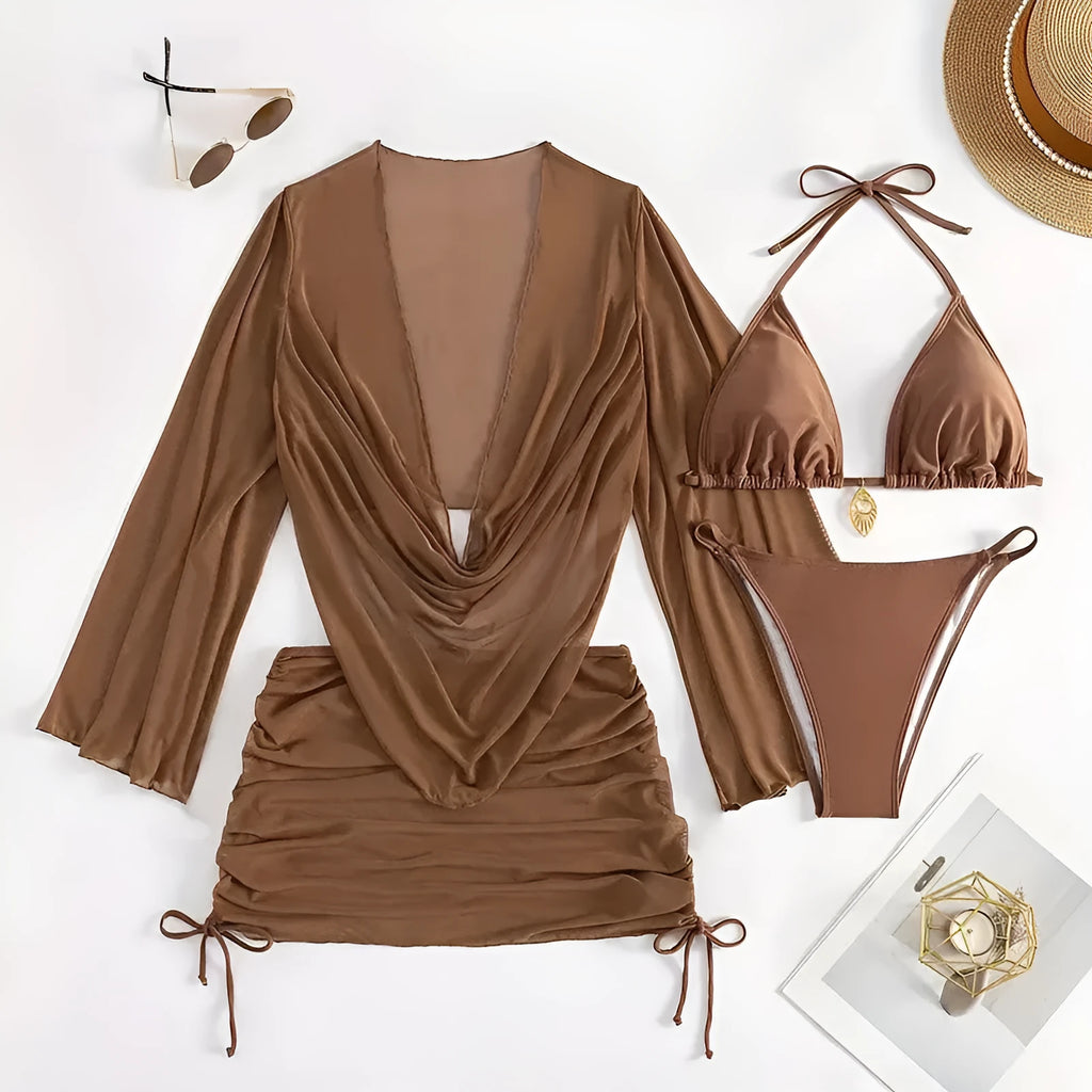Dark brown women's lace-up bikini swimsuit with backless design on a mannequin.