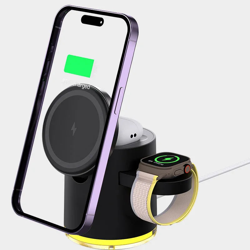 C16 magnetic folding three-in-one wireless charger in black or ivory white charging phone watch earphone
