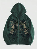 Men's black Harajuku style hooded sweatshirt with skull pattern hot stamping print and long sleeves