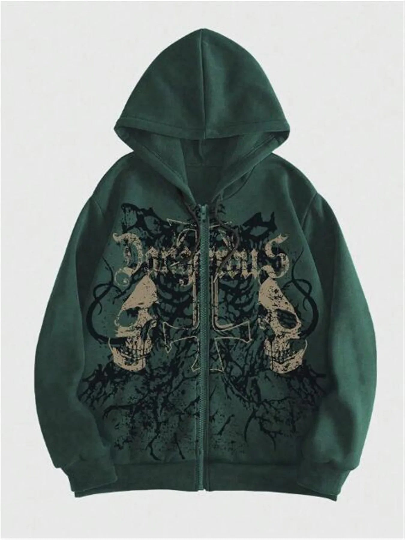 Men's black Harajuku style hooded sweatshirt with skull pattern hot stamping print and long sleeves