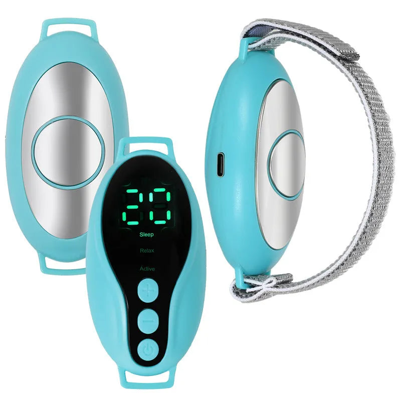 White and blue intelligent sleeping aid instrument showing compact 80x40x20mm dimensions with USB charging port