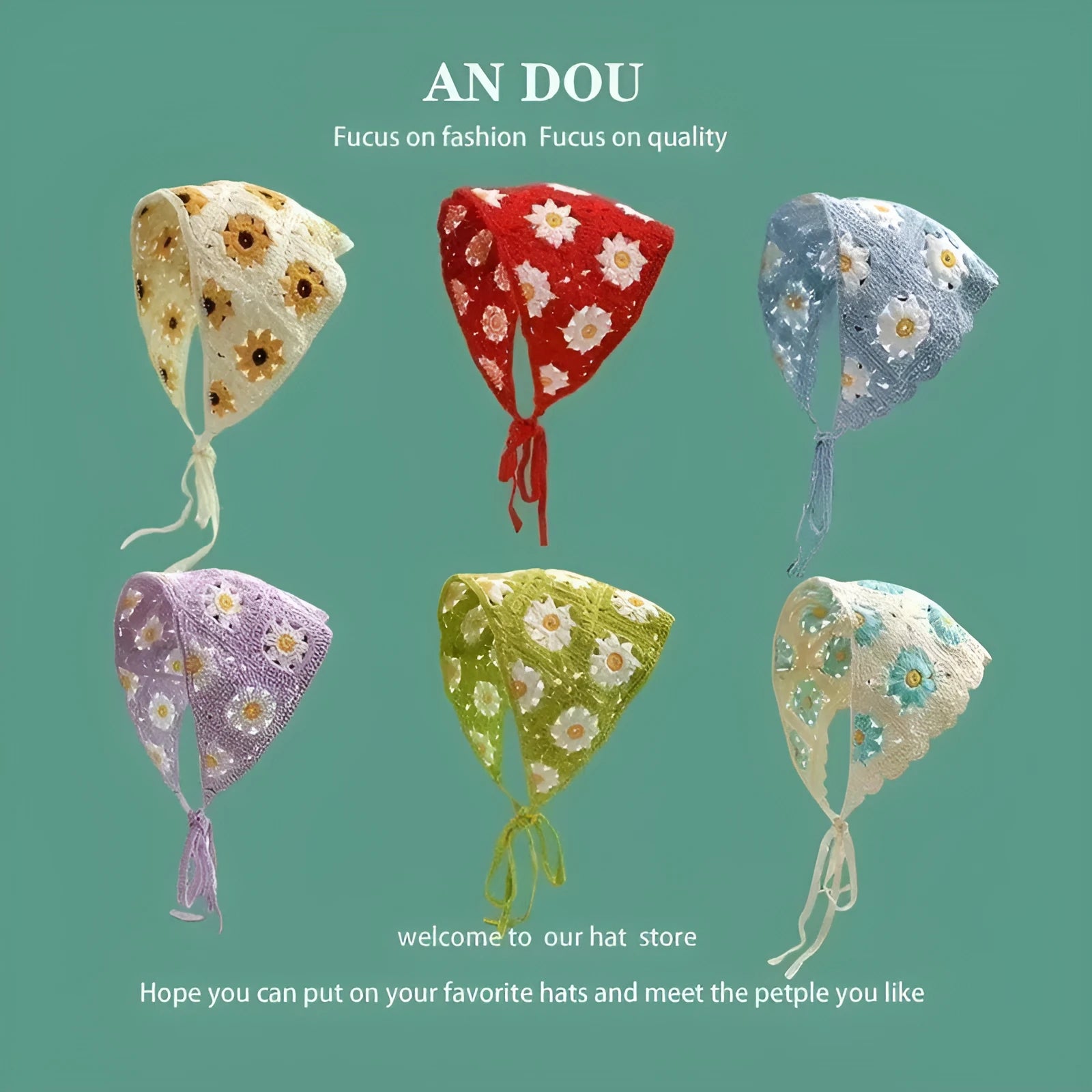 Women's cotton triangle headscarf with floral print in a retro style, shown in a daisy pattern colour.