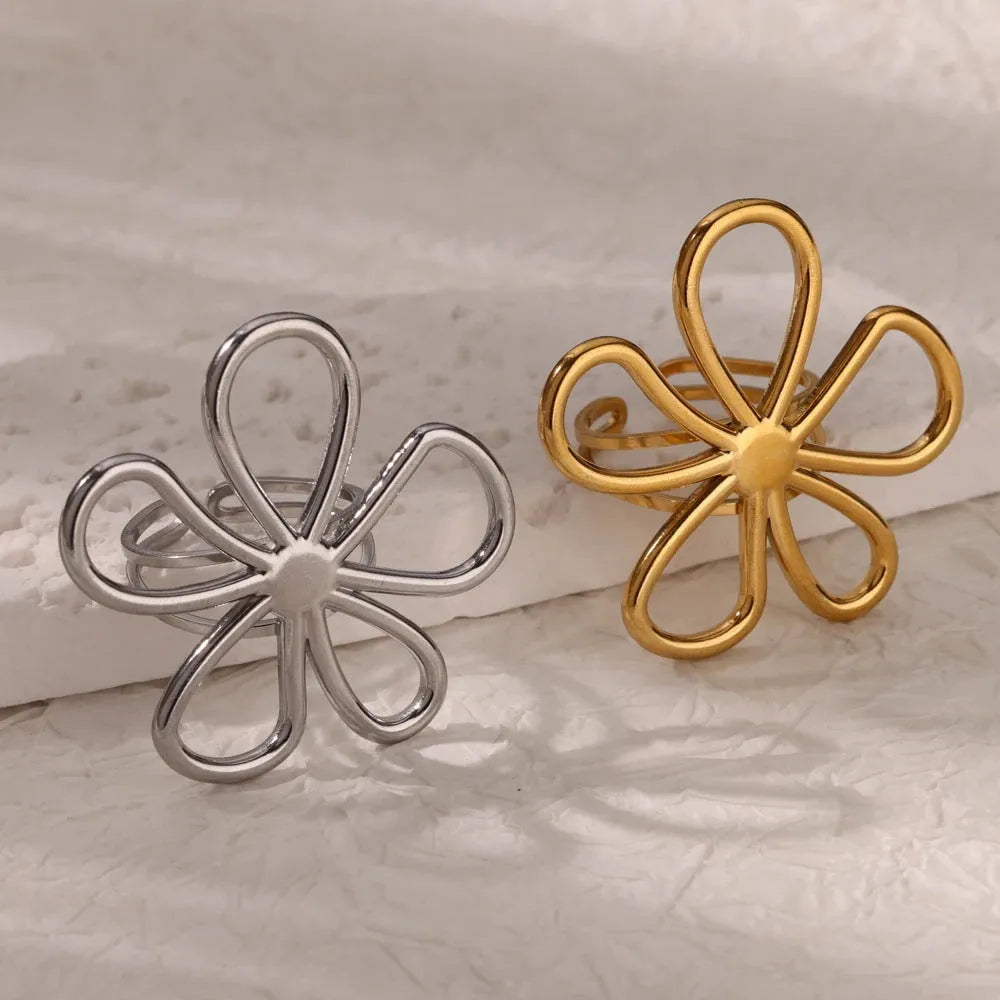 Stainless steel open mouth hollow flower ring for women in gold finish, JZ7020 series