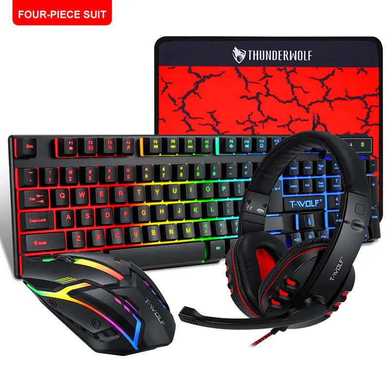 Thunder Wolf wired gaming keyboard mouse headset combo set with USB connections and mouse pad