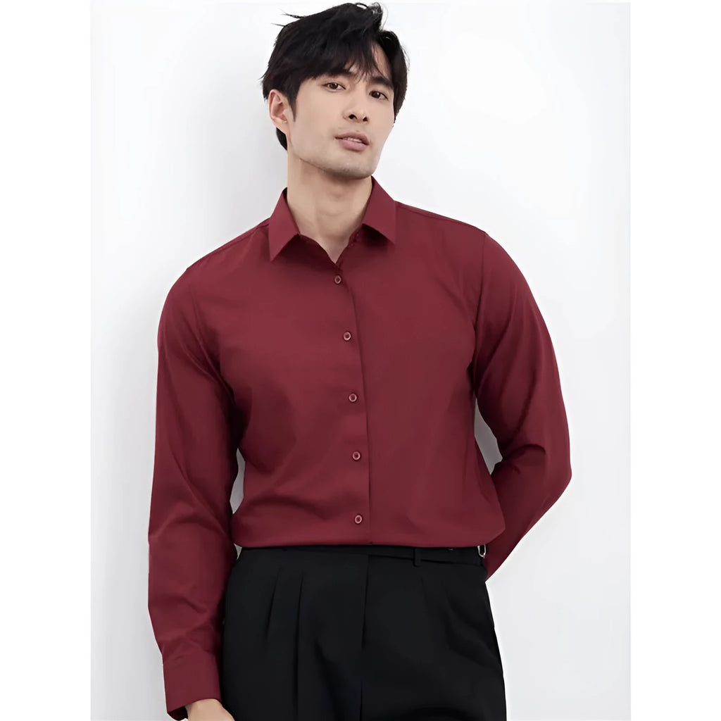 Men's wine red slim fit business casual shirt with non-iron polyester fabric on hanger