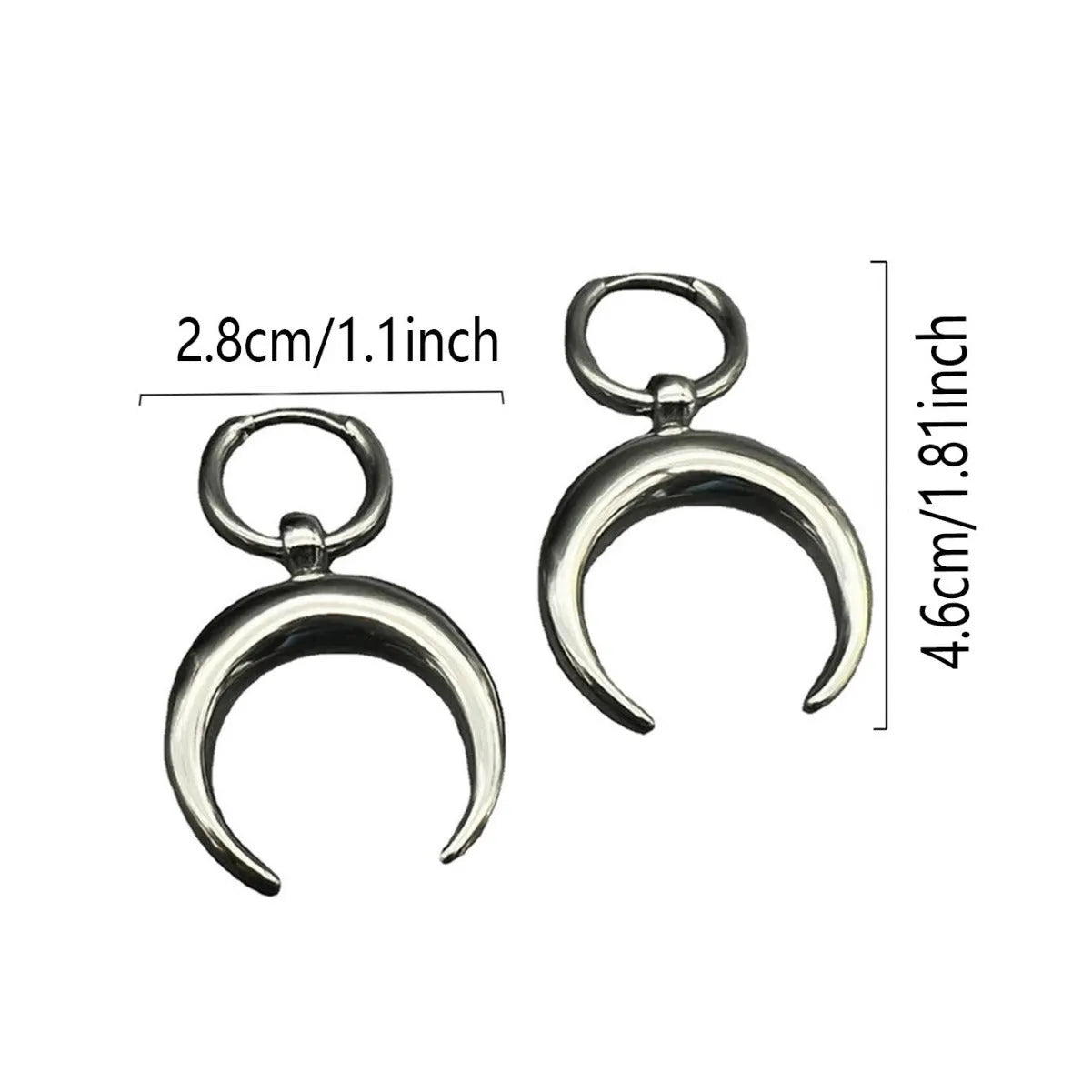 Silver big hoop earrings with a geometric shape and gothic moon design.